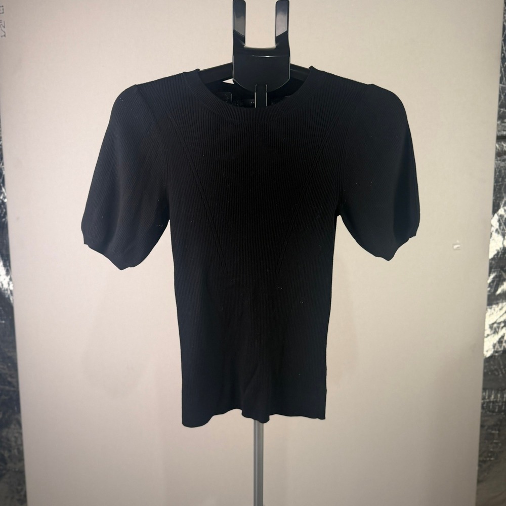 Halogen Black Ribbed Short Sleeve Puff Sleeve Crew Neck Sweater XS